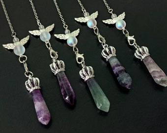 Natural Rainbow Fluorite Crystal Pendulum Dowsing Mini Crown & Angel Wings Powerful tool for divination, chakra healing, psychic reading