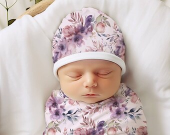 Purple Floral Baby Beanie, Floral Baby Beanie, Pink Floral Baby Hat, Flower Baby Hat, Flower Baby Gift, Baby Shower Gift, Baby Girl Gift