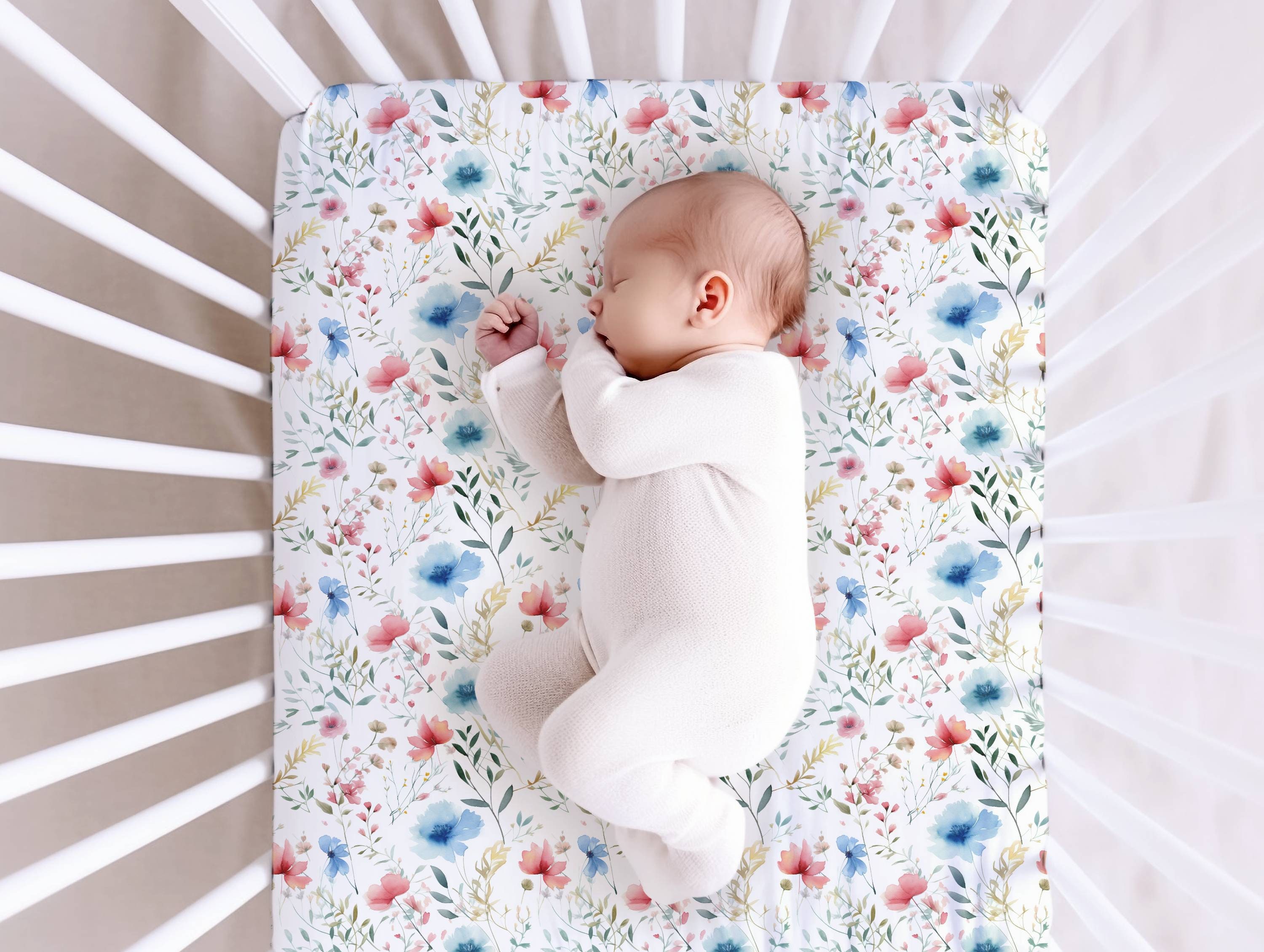Pink & Blue Floral Fitted Crib Sheet, Nursery Decor, Floral Crib Sheet
