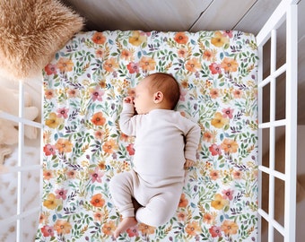 Peach Floral Fitted Crib Sheet, Nursery Decor, Floral Crib Sheet, Girls Crib Sheet, Baby Gift, Baby Shower Gift, Jersey Knit or Minky