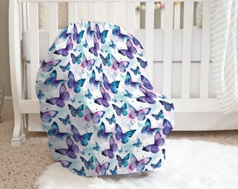 Blue Butterfly Car Seat Cover Baby, Purple Butterfly Nursing Cover, High Chair Cover, Shopping Cart Cover, Multi-Use Cover Baby Shower Gift