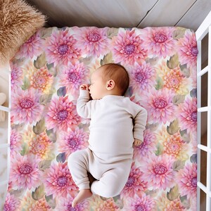 Pink Floral Dahlia Fitted Crib Sheet, Nursery Decor, Floral Crib Sheet, Girls Crib Sheet, Baby Gift, Baby Shower Gift, Jersey Knit or Minky