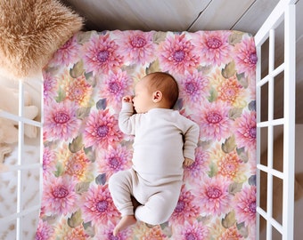 Pink Floral Dahlia Fitted Crib Sheet, Nursery Decor, Floral Crib Sheet, Girls Crib Sheet, Baby Gift, Baby Shower Gift, Jersey Knit or Minky