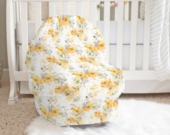 Cubierta de asiento de coche floral amarillo, cubierta de enfermería, cubierta de silla alta, cubierta de carrito de compras, bufanda infinita, cubierta de uso múltiple, equipo de bebé 5 en 1
