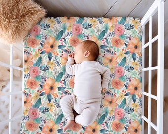 Peach Floral Fitted Crib Sheet, Nursery Decor, Floral Crib Sheet, Girls Crib Sheet, Baby Gift, Baby Shower Gift, Jersey Knit or Minky