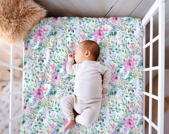 Pink Floral Fitted Crib Sheet, Nursery Decor, Floral Crib Sheet, Girls Crib Sheet, Baby Gift, Baby Shower Gift, Jersey Knit or Minky
