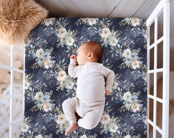 Navy & Cream Floral Fitted Crib Sheet, Nursery Decor, Floral Crib Sheet, Girls Crib Sheet, Baby Gift, Baby Shower Gift, Jersey Knit or Minky