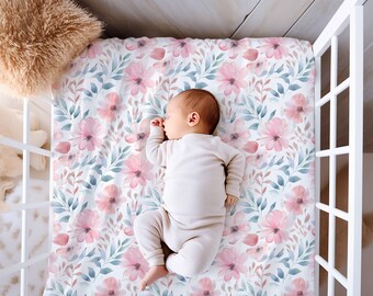 Pink Floral Fitted Crib Sheet, Nursery Decor, Floral Crib Sheet, Girls Crib Sheet, Baby Gift, Baby Shower Gift, Jersey Knit or Minky