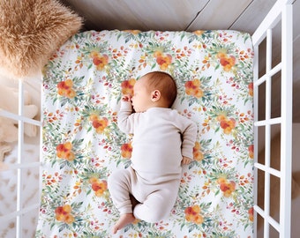 Peach Floral Fitted Crib Sheet, Nursery Decor, Floral Crib Sheet, Girls Crib Sheet, Baby Gift, Baby Shower Gift, Jersey Knit or Minky