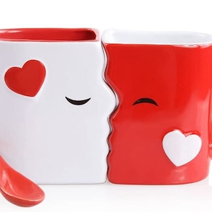 Kissing Mugs Set, Anniversary & Wedding Gifts, Two Large Cups Spoons for Couples, for Him and Her on Valentines, Birthday, Engagement image 2
