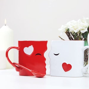 Kissing Mugs Set, Anniversary & Wedding Gifts, Two Large Cups Spoons for Couples, for Him and Her on Valentines, Birthday, Engagement image 5