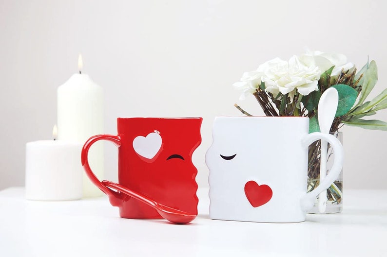 Kissing Mugs Set, Anniversary & Wedding Gifts, Two Large Cups Spoons for Couples, for Him and Her on Valentines, Birthday, Engagement image 5