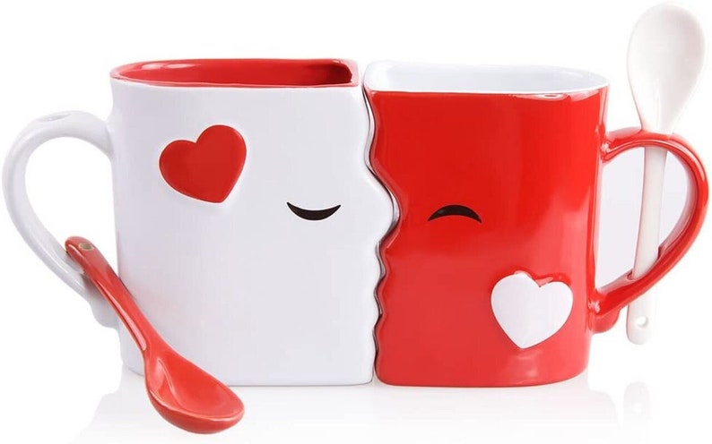 Kissing Mugs Set, Anniversary & Wedding Gifts, Two Large Cups Spoons for Couples, for Him and Her on Valentines, Birthday, Engagement image 2