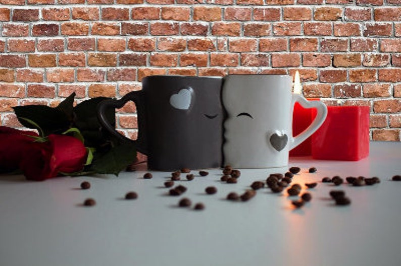 Kissing Mugs Set, Anniversary & Wedding Gifts, Two Large Cups Spoons for Couples, for Him and Her on Valentines, Birthday, Engagement image 1