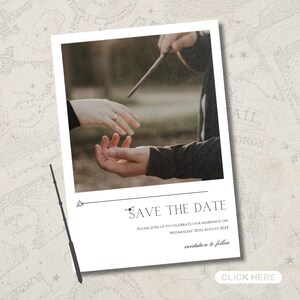 May include: A save the date card with a photo of a couple holding hands with a wand in the background. The text on the card reads "Save the Date" and "Please join us to celebrate our marriage on Wednesday 30th August 2024. Invitation to follow."