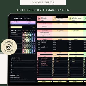 Planilha do Google com Planejador Semanal de Foco, Planejador Semanal Ideal para TDAH, Rastreador de Produtividade em Modo Escuro, Organizador de Tarefas para Trabalho e Estudo
