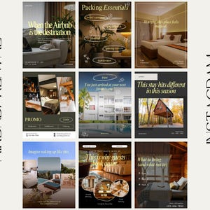 Op de afbeelding: Een reeks Instagram-berichten die Airbnb-verhuur promoten. De afbeeldingen tonen verschillende soorten accommodaties, zoals slaapkamers, woonkamers en buitenruimtes. Tekstoverlays benadrukken functies en aanbiedingen, met zinnen als "Packing Essentials" en "This stay hits different in this season."