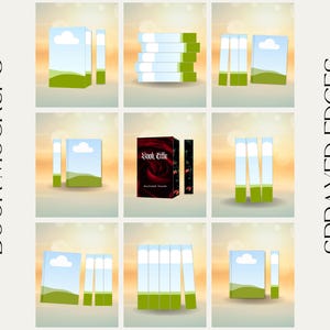 May include: A selection of book mockups with sprayed edges. The books feature diverse designs, including a landscape scene with a blue sky and white clouds, and a dark red rose cover. The text "BOOK MOCKUPS" and "SPRAYED EDGES" are displayed.