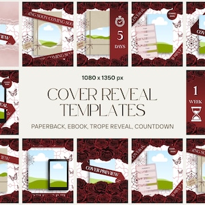 May include: A collection of digital cover reveal templates featuring dark red roses, spider webs, and butterflies. The designs include placeholders for book covers, countdown timers, and trope lists with text like COVER REVEAL and 1080 x 1350 px.