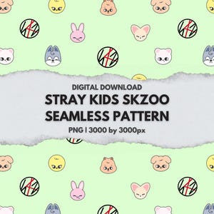 May include: A seamless pattern featuring cartoon animal faces and a logo on a light green background. The design includes various animal characters in pastel colors, with the text "STRAY KIDS SKZOO SEAMLESS PATTERN".