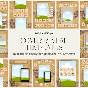 Puede incluir: Una colección de plantillas digitales para revelación de portadas con fondo beige de lunares, detalles florales marrones y fichas de letras que forman frases como TROPE REVEAL, COVER REVEAL y COMING SOON, incluyendo espacios para portadas de libros.