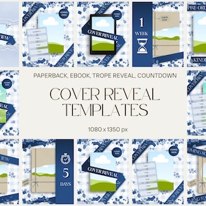 Puede incluir: Una colección de plantillas digitales para revelación de portadas de libros con varios diseños, incluyendo maquetas para libros de bolsillo, ebooks y gráficos de cuenta regresiva. Incluye patrones florales azules, texto COVER REVEAL y 1080 x 1350 px.