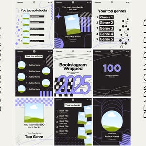 May include: A series of Instagram-style graphics with a book theme. The designs showcase lists of top audiobooks, authors, and genres, alongside the text "Bookstagram Wrapped 2025" and "Reading Wrap Up". The colour scheme includes black, white, and purple.