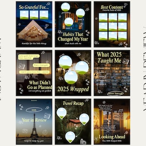 May include: Instagram post templates for a year in review. The templates include text such as "So Grateful For...", "Habits That Changed My Year", "What Didn't Go as Planned", "2025 Wrapped", "Best Content", "What 2025 Taught Me", "Year in Review", "Travel Recap", and "Looking Ahead".