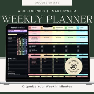 ADHD Veckovis fokusåterställningsplanerare Google Sheets, vanespårare, mörkt läge, neurodivergent veckoplanerare, exekutiva funktioner