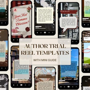 Op de afbeelding: Een verzameling digitale social media reel-sjablonen weergegeven op smartphoneschermen, met diverse tekstoverlays, boekgerelateerde afbeeldingen en esthetische lay-outs. De centrale tekst luidt AUTHOR TRIAL REEL TEMPLATES WITH MINI GUIDE.