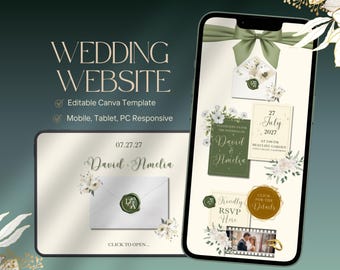Sage Green & Ivory Modern Wedding Wedding Website Template: Classic Floral Envelope Digital Invitation