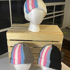 Transgender Trans Pride Whisper Beanie, LGBT Crochet Hat, Handmade Striped Queer Cap