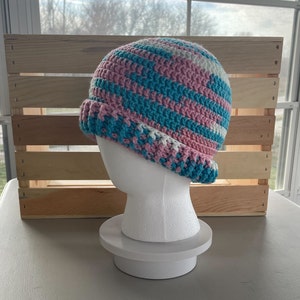 Transgender Trans Pride Shout Beanie, LGBT Crochet Hat, Handmade Striped Queer Cap