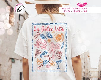 La Dolce Vita レトロなイタリアンフードと夏の雰囲気をデザインしたTシャツデザイン（SVG）、レトロな夏の雰囲気をデザインしたPNG、美しい夏、女性向けデジタルダウンロード