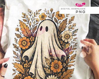 ボヘミアンハロウィンゴーストPNG、花柄レトロゴーストシャツデザイン、不気味な季節PNG、不気味でかわいい秋の昇華、秋の雰囲気、今人気の画像