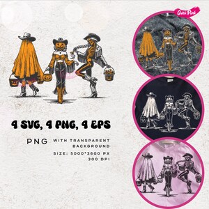 May include: A digital illustration featuring three Halloween-themed characters: a ghost, a pumpkin-headed figure, and a skeleton, each holding a jack-o'-lantern bucket. The image includes the text "4 SVG, 4 PNG, 4 EPS" and "PNG WITH TRANSPARENT BACKGROUND SIZE: 5000*3600 PX 300 DPI".
