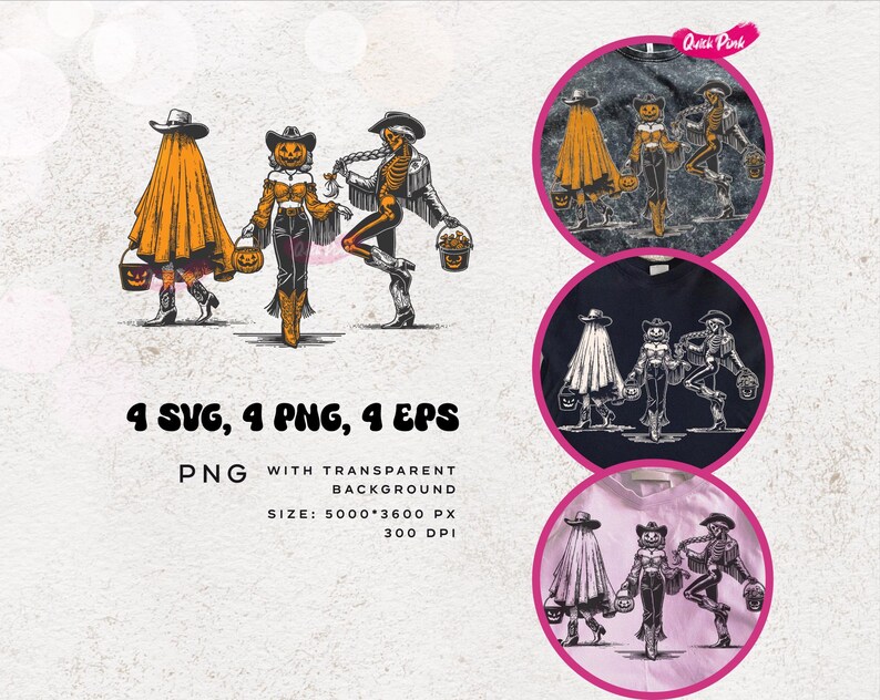 May include: A digital illustration featuring three Halloween-themed characters: a ghost, a pumpkin-headed figure, and a skeleton, each holding a jack-o'-lantern bucket. The image includes the text "4 SVG, 4 PNG, 4 EPS" and "PNG WITH TRANSPARENT BACKGROUND SIZE: 5000*3600 PX 300 DPI".
