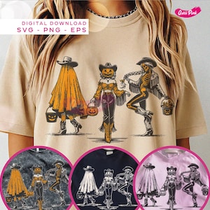 May include: Beige t-shirt featuring a Halloween-themed graphic of three figures in cowboy attire. The figures include a ghost, a pumpkin-headed woman, and a skeleton, each holding a bucket. The words "DIGITAL DOWNLOAD SVG - PNG - EPS" are at the top.