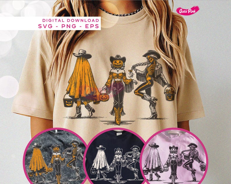 May include: Beige t-shirt featuring a Halloween-themed graphic of three figures in cowboy attire. The figures include a ghost, a pumpkin-headed woman, and a skeleton, each holding a bucket. The words "DIGITAL DOWNLOAD SVG - PNG - EPS" are at the top.