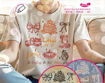 以下が含まれることがあります： 手描きの秋をテーマにしたデザインが施されたクリーム色のTシャツ。デザインには、リボン、本、カボチャを積んだトラック、カクテルが含まれています。「Let Kindness Be Your Autumn Glow」というテキストも表示されています。このシャツはデジタルダウンロードです。