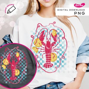 May include: White t-shirt featuring a distressed graphic of a red lobster with yellow lemon slices, set against a blue and white checkered background. The design is framed by a pink outline. The words "DIGITAL DOWNLOAD PNG" are printed on the shirt.