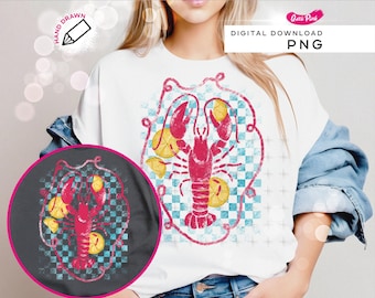 Retro Lobster & Lemon Digital Art – Women’s T-Shirt Design, Coastal Png, Summer Vibes Png, Vintage Seafood Illustration, Instant Download