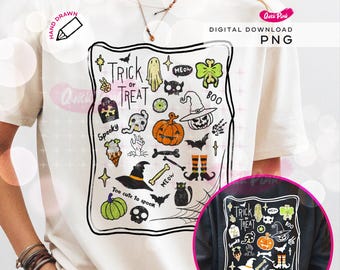 Op de afbeelding: Wit T-shirt met een zwart omlijnde Halloween-afbeelding. Het ontwerp bevat een pompoen, heksenhoed, spook, vleermuizen en de woorden "Trick or Treat" en "Too cute to spook". De woorden "Digital Download PNG" zijn ook zichtbaar.