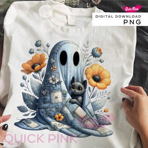 May include: White t-shirt featuring a whimsical illustration of a blue ghost with a black cat, surrounded by orange and blue flowers. The ghost has a patchwork design. The words "DIGITAL DOWNLOAD PNG" are printed on the top right.