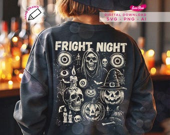Fright Night Halloween SVG, Vintage Halloween PNG, Trendy Halloween Svg, Horror Png, Scary Skull & Pumpkin, Horror T-Shirt Digital Design