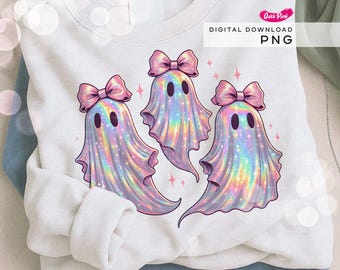Iridescent Ghost Trio PNG, Cute Halloween, Coquette Halloween Design, Glitter Spooky Girl Digital Download, Sublimation Design for T-Shirts