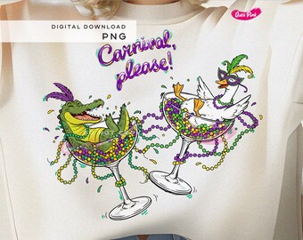 Carnival Please PNG, Funny Mardi Gras Gator and Goose in Coupe Glasses, Festive Cocktail Digital Art, Fat Tuesday, Mardi Gras New Orleans