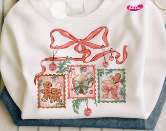 Whimsical Christmas Stamps PNG, Gingerbread & Hot Cocoa Sublimation Design, Cozy Holiday Shirt PNG, Watercolor Xmas Bow, Hand-drawn print