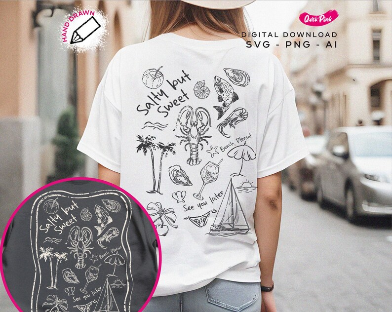 May include: A white t-shirt with a black and white illustration of a beach scene. The illustration includes a sailboat, palm trees, a lobster, a glass of wine, and the text "Salty but Sweet".