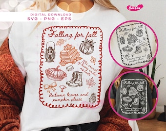 以下が含まれることがあります： 秋をテーマにしたグラフィックデザインの白いTシャツ。デザインには、カボチャ、葉、本、パイ、そして「Falling for fall」と「Autumn leaves and pumpkin please」の文字が含まれています。